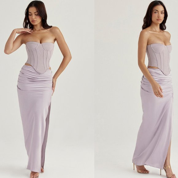 HOUSE OF CB 'Demi’& ‘Jia' Grey Satin Gathered Corset Maxi Skirt Set NWOT - Picture 3 of 12
